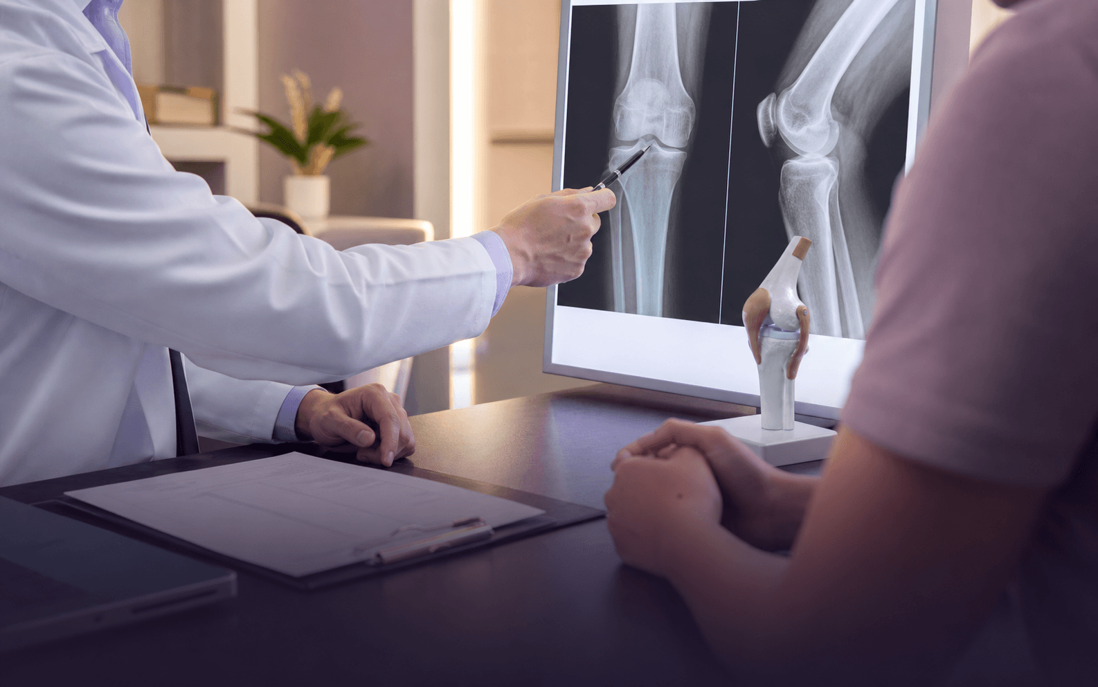 Illustrative orthopedic consultation with knee imaging review
