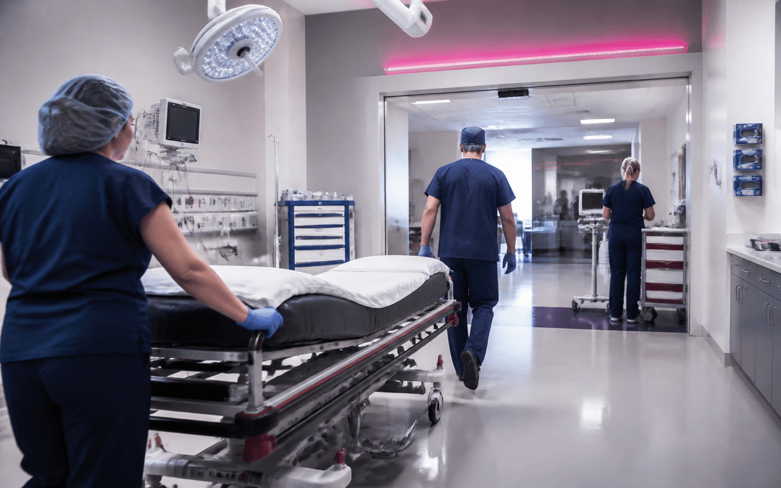 Illustrative hospital emergency care bay prepared for response